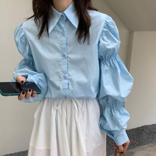 VSUE Women Autumn Cotton Steet Turn Down Collar Pleated Lantern Sleeve Single Breasted Loose Straight Long Shirt Causal B3091