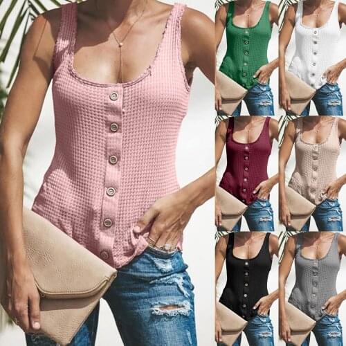 Womens Clothing 2021 Casual Top Summer Solid Color Tanks Single-Breasted Sleeveless Slim T-Shirts Woman Ropa Mujer Kawaii Tops