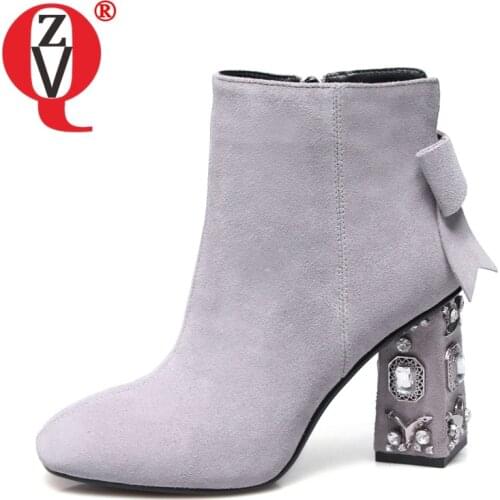 ZVQ Leather Crystal Shoes 8.5cm Super High Heels womens Booties 2019 Autumn Winter Cow Suede Gray Black Cute Bowtie Ankle Boots