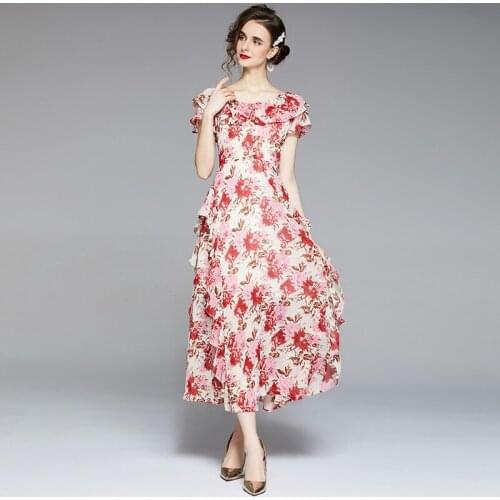Women Floral Print Ruffle Honeymoon Vacation Party Dress 2021 New Summer Runway Sandy Beach Vintage Chiffon Long Dress