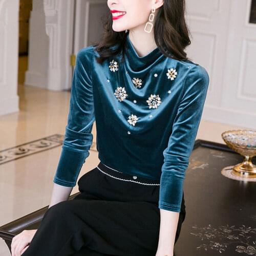 Woman TShirts Shirt Womens Autumn and Winter Bead Long Sleeve Top Crop Top Mujer Camisetas