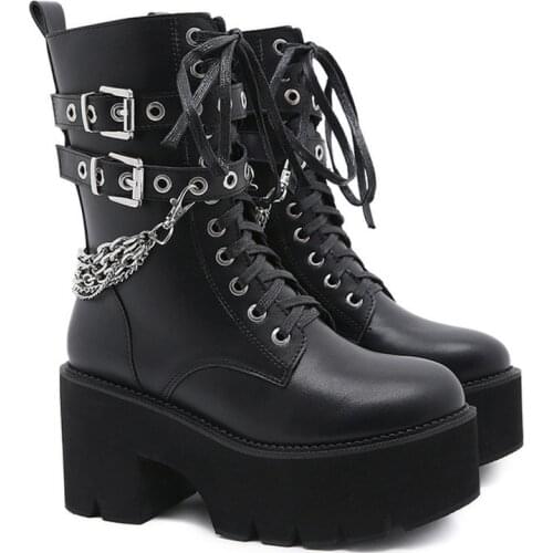 New sexy chain womens leather spring autumn boots thick heel Gothic black punk style platform shoes womens shoes high qualityd