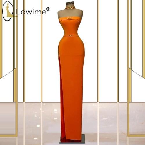 Simple Orange Strapless Long Evening Dresses Floor Length Sheath Satin Dresses for Women Party vestidos de noite