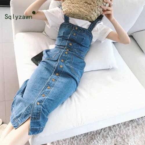 2020 Summer Women Single-breasted Denim Dress Sundress Sarafan Overalls Dress Vintage Blue Sexy Bodycon Female Strap Jeans Dress