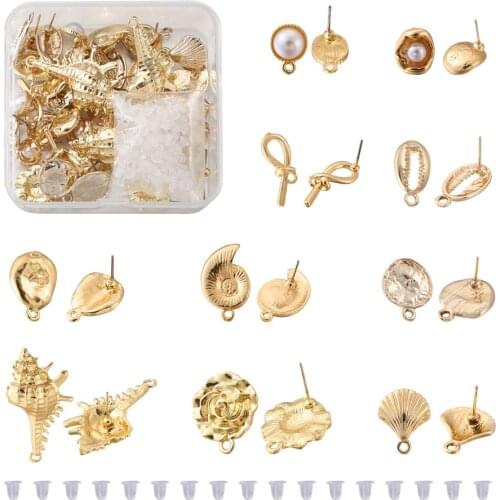 140pcs Alloy Stud Earring Findings with Loop Mixed Snail Cowrie Spiral Shell Flat Round Shapes For DIY Handmade Jewelry Making