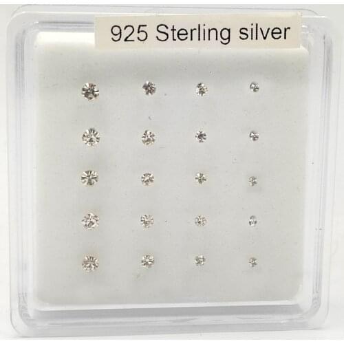 20pcs/pack 925 Sterling Silver nose stud 1.5mm 2.0mm 2.5mm 3mm mixed size Clear crystal Nose bone body piercing jewelry