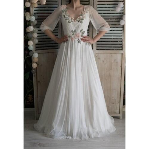 2021 Chiffon EmbroideryWedding Dresses for Bride Half Puffy Sleeve V Neck Wedding Bridal Gowns vestido de noiva