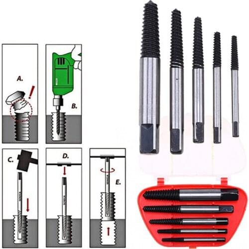 5Pcs/Box Steel Broken Speed Out Damaged Screw Extractor Drill Bit Guide Set Broken Bolt Remover Easy Out Set