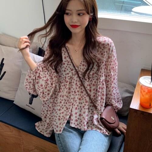 Blouses Women Long Sleeve Floral Loose Elegant Leisure V-neck Harajuku Fashion Korean Style Design Simple Comfortable Shirts Top