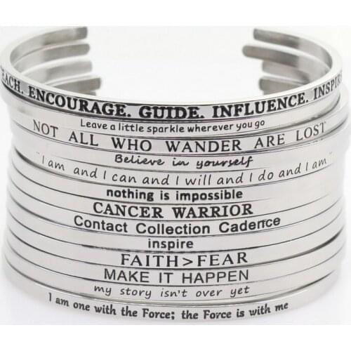 Silver Stainless Steel Random Bangle Engraved Positive Inspirational Quote Handmade Cuff Mantra Bracelets For Women Best Gifts