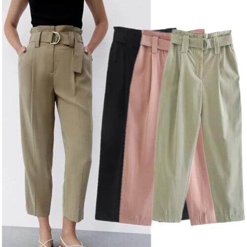 Jenny&Dave Pants Women England Style Simple Solid Fashion Sashes High Waist Loose HaremPleated Casual Straight Trousers Women