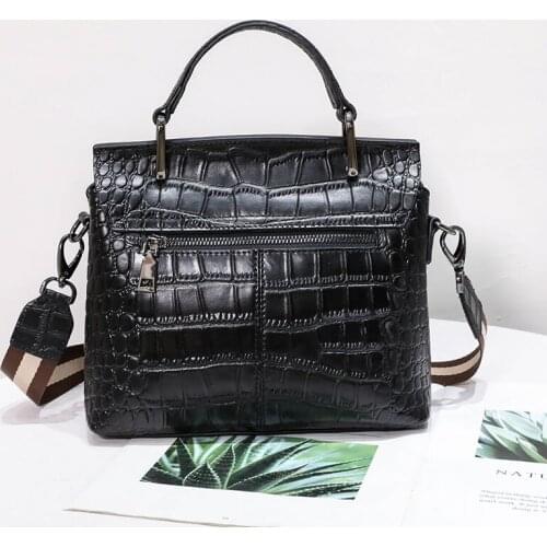 Ladies Leather Black Genuine Handbag Fashion Large Capacity Crocodile Pattern Shoulder Bag Office Casual Crossbody Tote Bags