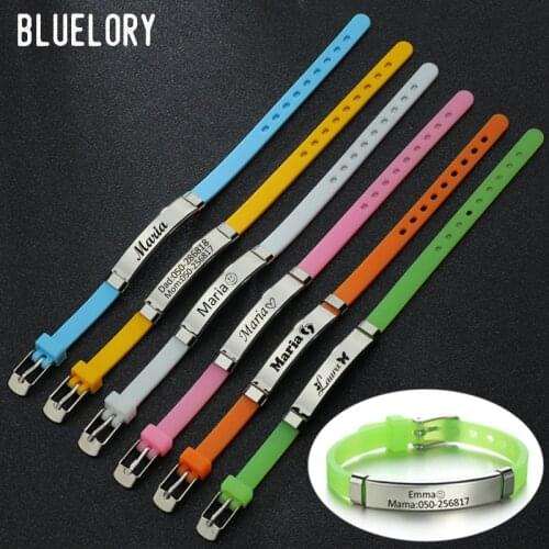 Bluelory Custom Soft Silicone Rudder Kids Baby ID Adjustable Bracelet Stainless Steel Engrave Name Phone Number Boy Girl Jewelry