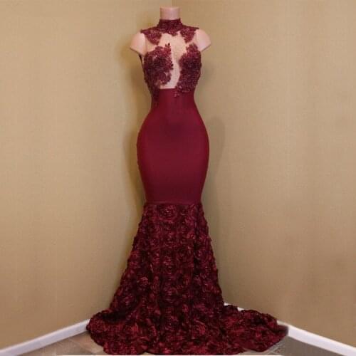 Burgundy Muslim Evening Dresses Mermaid High Collar Lace Beaded Islamic Dubai Saudi Arabic Long Evening Gown Prom Dress