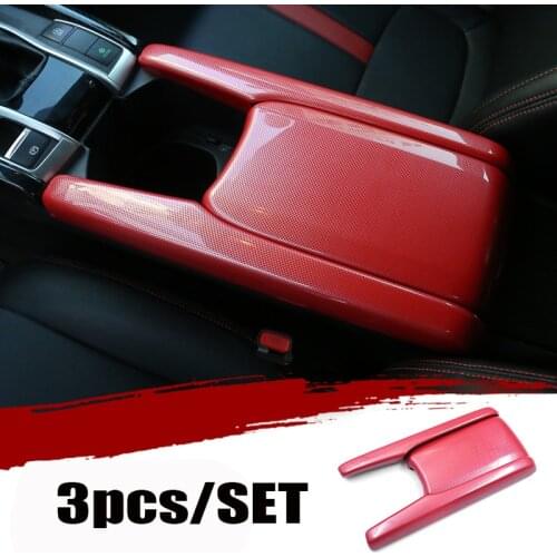 For Honda Civic 10th 2016 2017 2018 2019 2020 2021 Red Carbon Fiber Interior Armrest Box Cover 3pcs