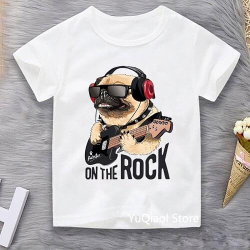 Funny Pug Dog Play Guitar T-Shirt Boys T Shirts Children Hip Hop Rock Tshirt Summer Kids Clothing White Casual Short Sleeve Top