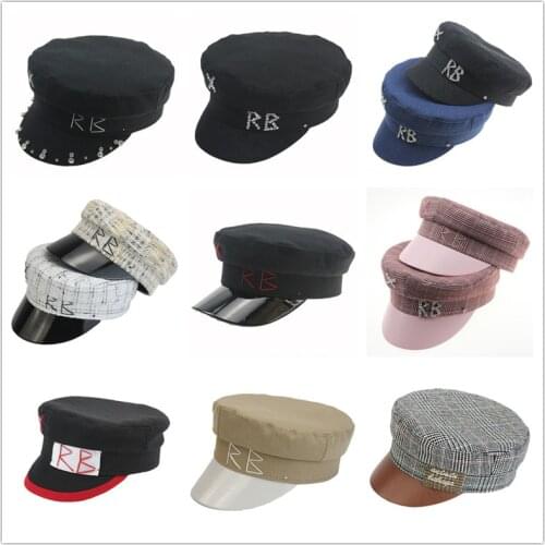 Simple Rhinestone RB Hat Women Men Street Fashion Style Newsboy Hats Black Berets Flat Top Caps Men Drop Ship Cap