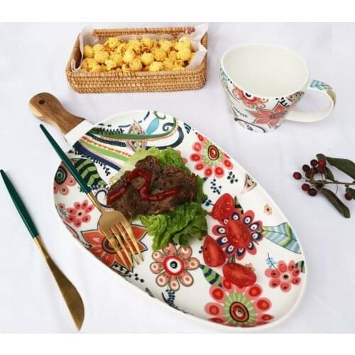 China dinnerware set platos cermica kawaii plate Nordic Ceramic Steak Salad Plate with Wooden Handle Household Oval Dinner
