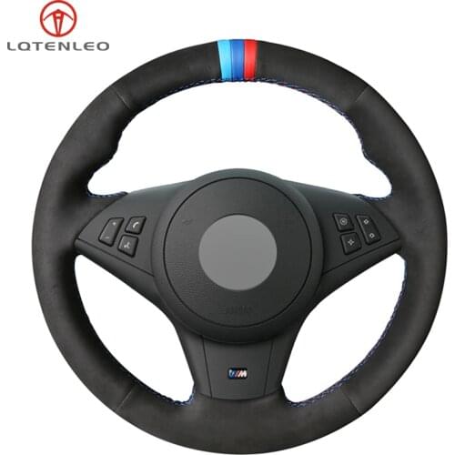 LQTENLEO Hand-stitched Car Steering Wheel Cover Black Suede For BMW E60 E61 Touring 530d 545i 550i E63 Coupe E64 630i 645Ci 650i