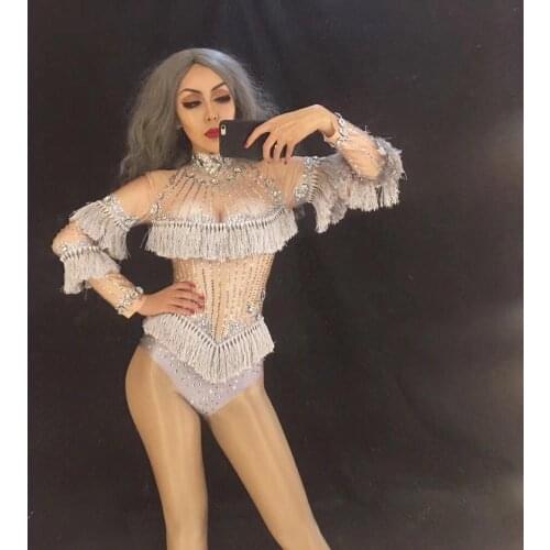 Luxury sparkly crystals tassel bodysuit female costume celebrate rhinestones birthday silver leotard nightclub women playsuits