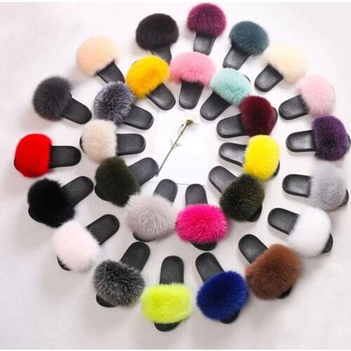 2020 Womens Luxury Solid Color Fur Slides Female Real Fox Fur Slippers Ladies Fluffy Fur Sandals Fashion House Shoes Large Size