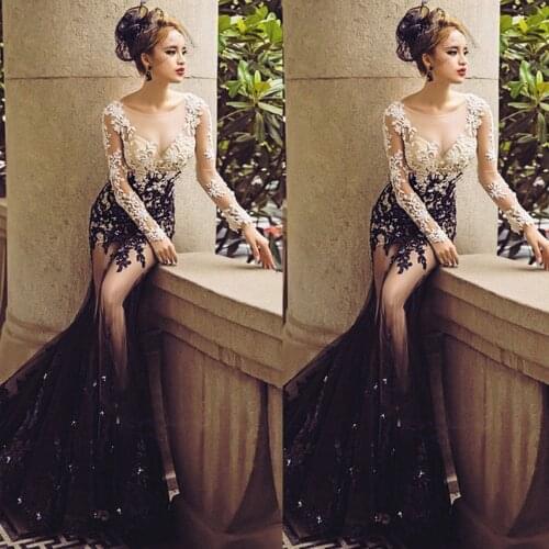 SuperKimJo Black and White Lace Evening Dresses Long Sleeve Vestidos Formales Beaded Applique Mermaid Evening Gown Robe Longue