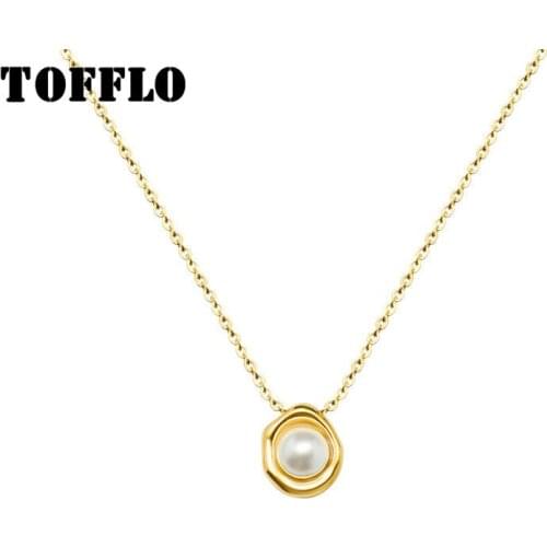 TOFFLO Stainless Steel Jewelry Shell Pearl Necklace Pearl Inlaid Concave Pendant Female Elegant Clavicle Chain BSP477