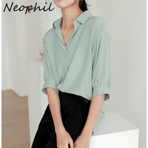 Neophil White Blouse Women 2021 V-Neck Lantern Half Sleeve Green Shirts Female Summer Lady Office Pullover Blusas Roupa B21635