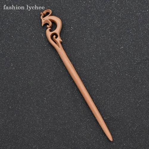Fashion lychee Natural Handmade Wooden Carved Hair Stick Phoenix Peach Blossom Flower Vase Pattern Women Retro Hair Jewelry