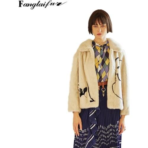 Ftangaiur Winter Women Jacket Import Velvet Mink Fur Coat Slim Print Pattern Natural Fur Coats Short Slim Real Mink Fur Coats