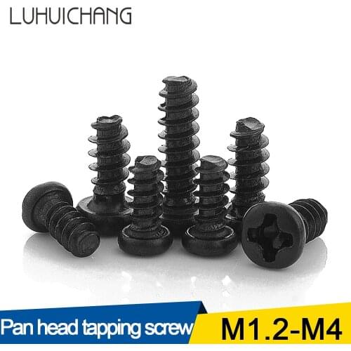 100pcs Cross Recessed Pan Head Self-tapping Screw M1.2 M1.4 M1.7 M2 M2.3 M2.6 M3 M4 Black Carbon Steel Phillips Screw
