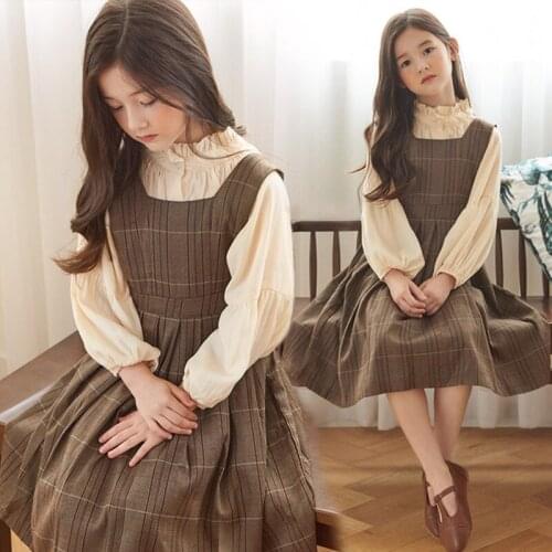 2019 Autumn Teenager Girls Long Shirt and Sling Dress Suit Fashion Children Clothes Little Girls Casual Plaid Christmas Dresses