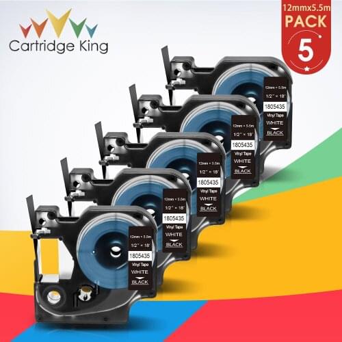 5PK for DYMO Rhino IND Vinyl Labeling Tape 1805435 White on Black 12mm*5.5m Replace for DYMO Rhino 1000 3000 4200 5000 5200 6000