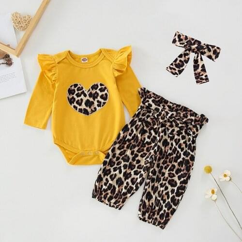 Menoea Kids Autumn Thin Clothing Sets Girls Fly Sleeve Romper Leopard Print Pants With Hairband Children Outfits for Girls 2Pcs