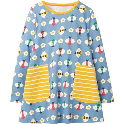 Jumping meters Breathable Girls with Little Bee Pattern Round Neck Cotton Kids Summer Long Sleeve Dress for Pocket Skirt