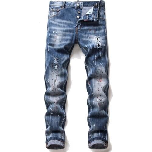 Men Ripped Holes D Straight 2 Jeans Designer Hip Hop Campus Club Dance Beggar Pants 2021 Streetwear Ink Printed Denim Jeans