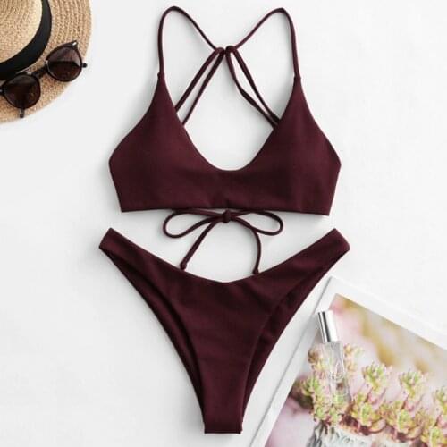 TELOTUNY Womens swimsuits 2021 Sexy Women Lace Up Back Solid Bikini Set Two Piece Swimwear Bathing Suit Summer Brazilian Bikini