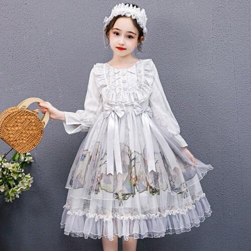 Summer Sweet Kawaii Lolita Dress Girls Vintage Victorian Gothic Elegant Long Sleeve Bow Lace Princess Tea Party Dress Big Siz