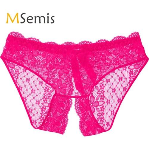 Mens Male Lace Crotchless Briefs Bowknot Low Rise Lingerie Undershorts Underwear See-Through Sissy Underpants for Men