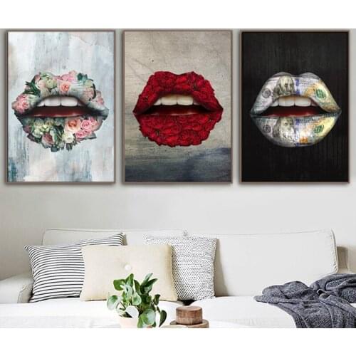 Nordic Sexy Lips Canvas Painting Wall Art Posters and Prints Rose and Money Modern Wall Pictures for Living Room Cuadros Decor