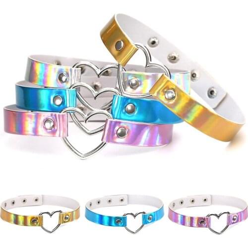 PU Leather Choker Necklace Holographic Heart Metal and Circle Adjustable Laser Collar Gift for Women Handmade Fashion Jewelry