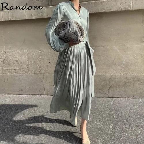 Single-breasted Stain Gloss Pleated Dress Women Fashion Slim Waist V-neck Lace-up Female Mid-length Elegant Dress Vestidos 2021