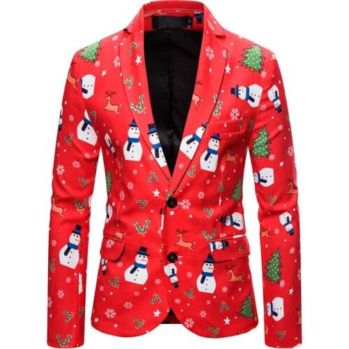 Christmas Blazers Men Clothing Red Two-Buttons Men Blazers Long Sleeved Plus Size Christmas Snowman Goat Pattern Jacket Terno