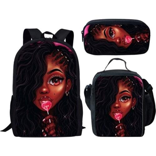 ELVISWORDS School Bags For Girls Women Pretty Afro American Girl Printing Backpacks Set Teenager School Backpack Fashion Mochila