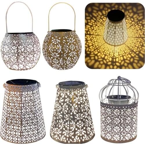 LED Solar Lantern Light Hollow Lantern Projection Light Wrought Iron Hanging Lamps Waterproof Outdoor Garden Yard Art Decoration