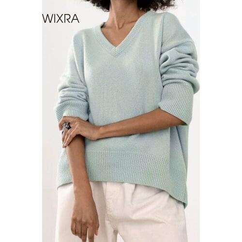 Wixra V Neck Sweaters Women Pullover Femme Jumper Korean New Fashion Ladies Solid Knitwear Top 2021 Autumn Winter