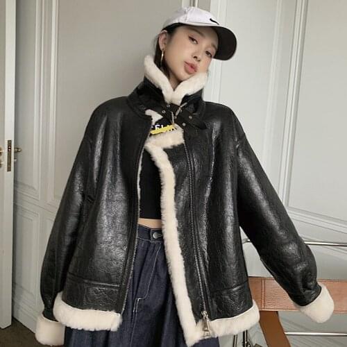 High Quality Black Motorcycle Style Fur Integrated Coat Leisure Standing Collar Button Lamb Fur Grass Jacket Women Medium Length