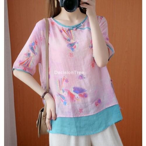 2021 ladies linen qipao blouses chinese traditional flower print qipao style shirt womens qipao top ethnic cheongsam blouse