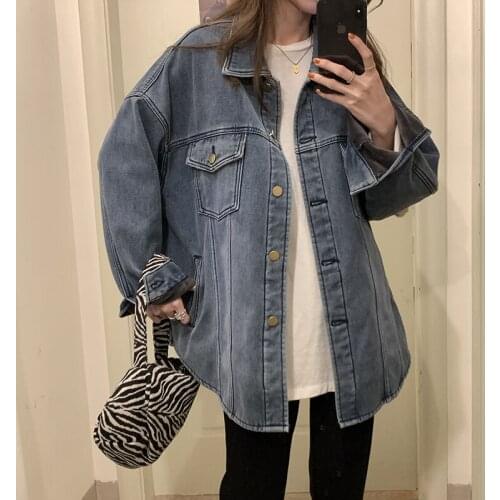 Stylish Thicken Velvet Denim Jacket Loose Wash Pocket Single-breasted Coat Women 2021 Spring Clothes