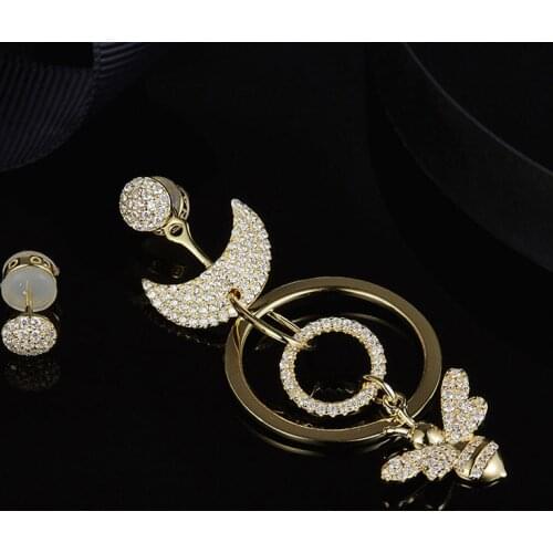 SLJELY 925 Sterling Silver Asymmetric Gold Color Crescent Moon Earrings with Bees Circle Zircon AB Earrings Women Luxury Jewelry